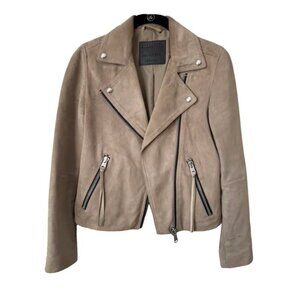 All Saints Beige Suede Leather Biker Jacket Size 00 US